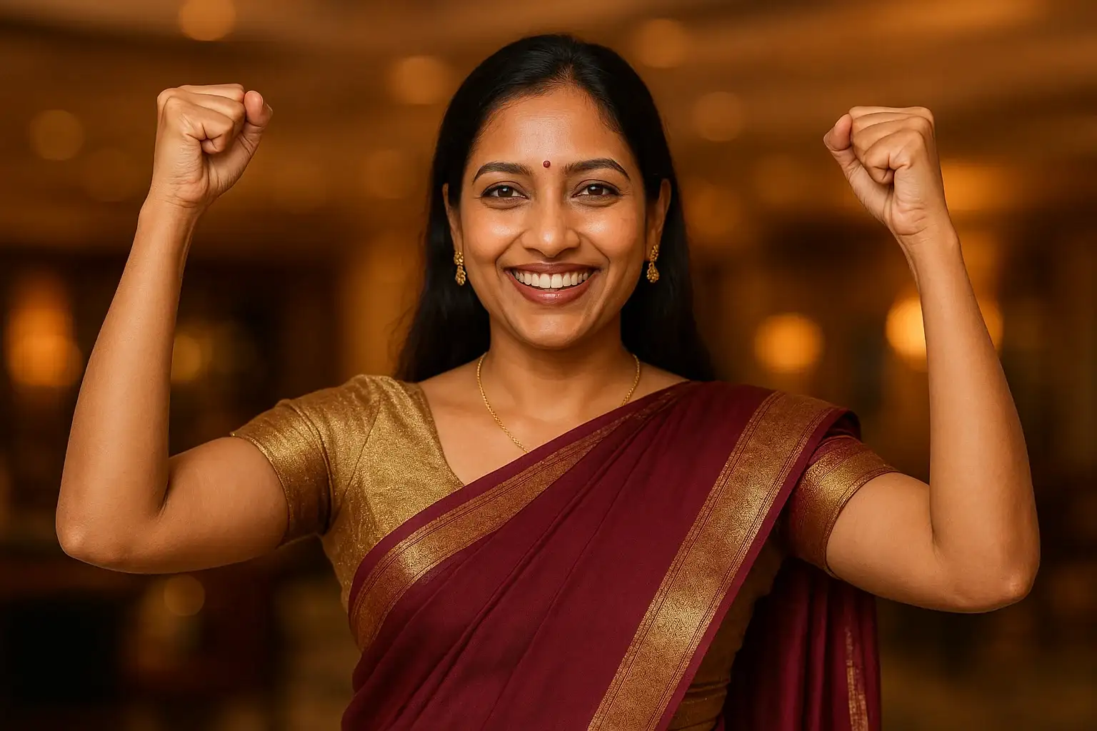 Confident Bangladeshi woman in elegant saree raising arms in victory gesture