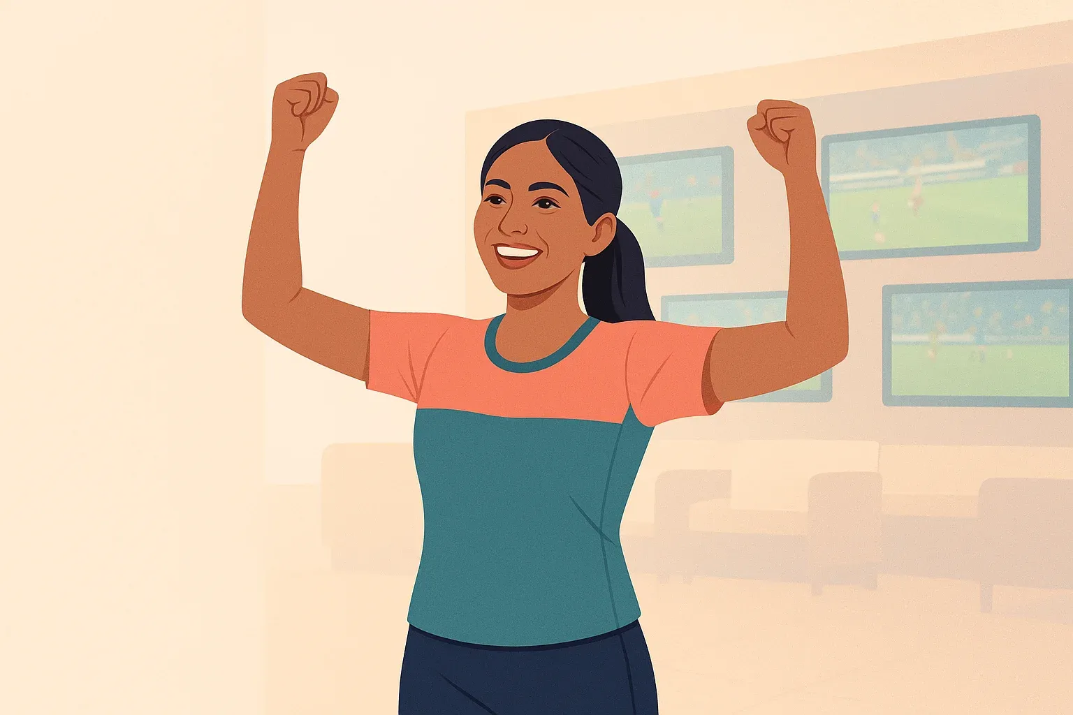 Joyful Bangladeshi woman in modern sportswear celebrating with arms raised