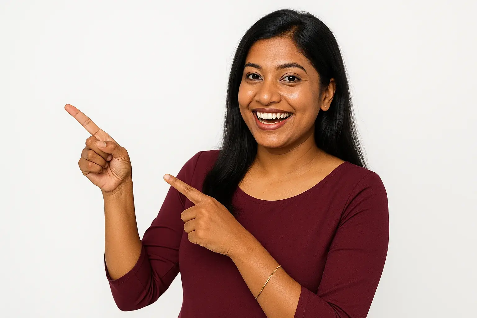 Happy Bangladeshi woman pointing at a win in casino bar background
