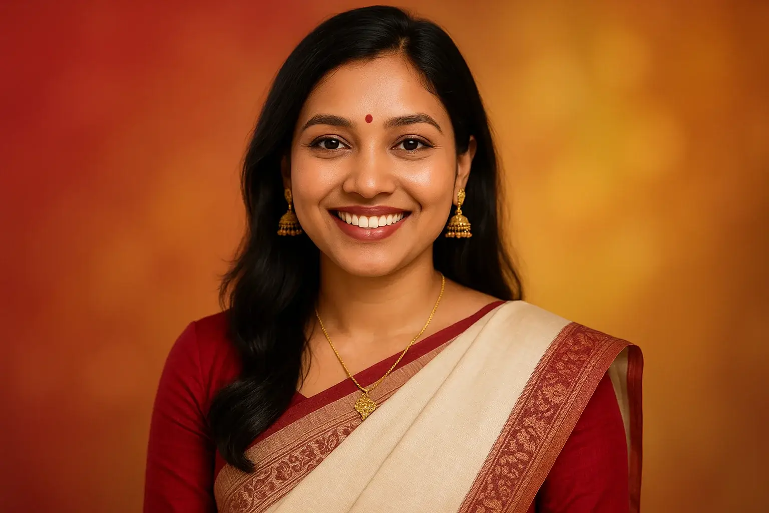 High-resolution portrait of happy Bangladeshi woman in modern fusion wear