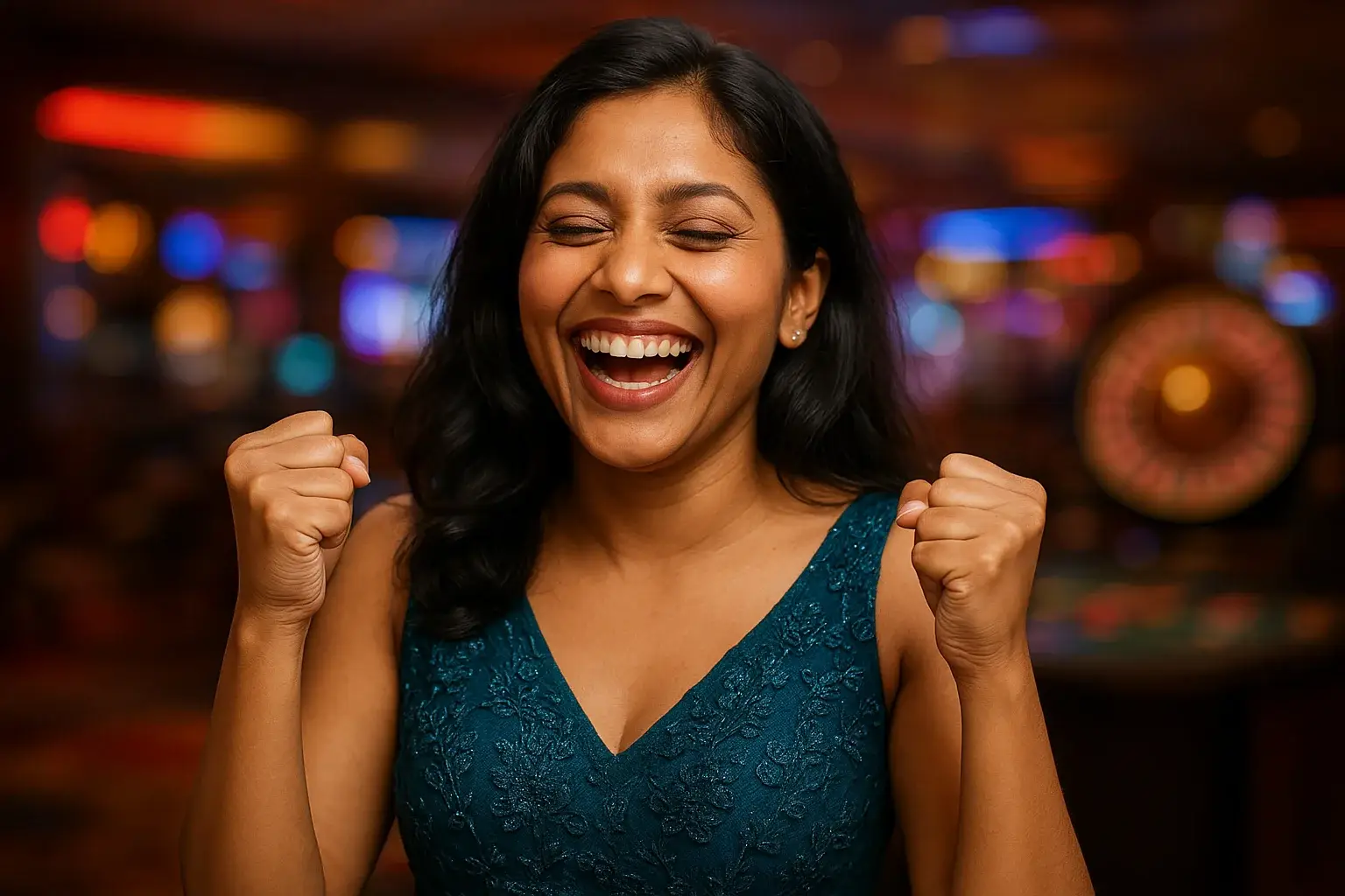 Joyful Bangladeshi woman laughing in evening dress at neon casino bar
