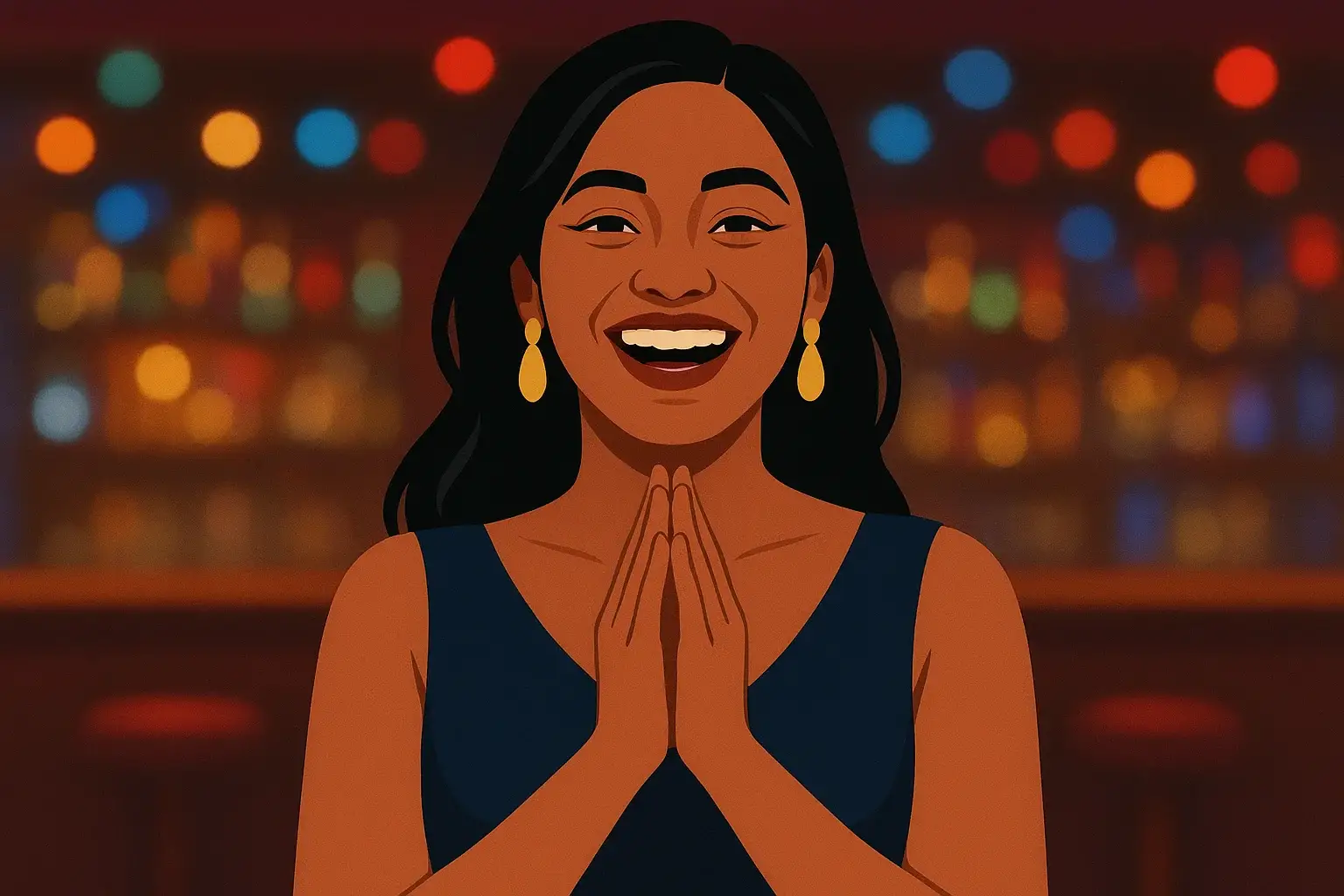 Joyful Bangladeshi woman in evening dress celebrating at blurred casino bar