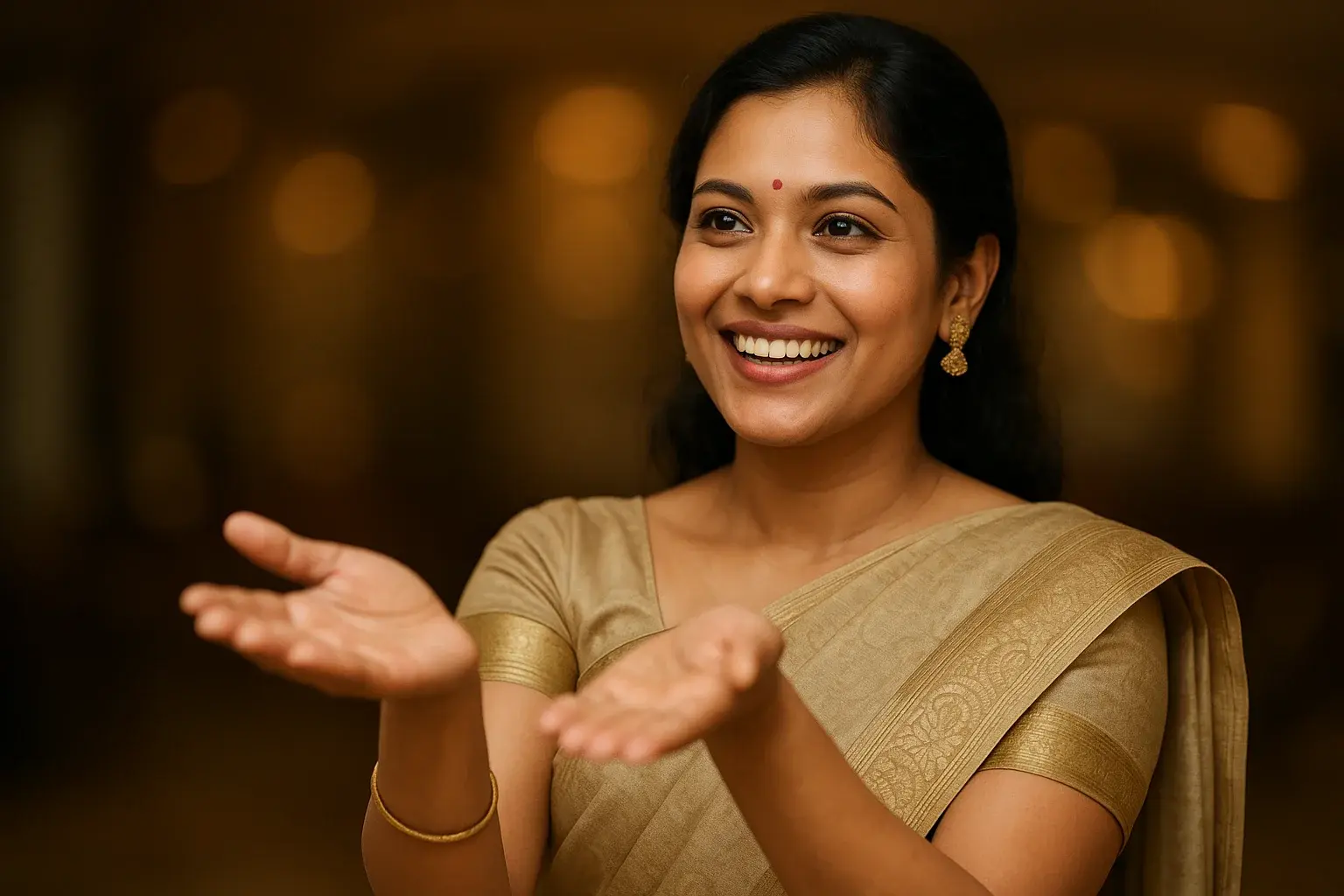 Happy Bangladeshi woman in elegant saree catching imaginary coins in casino